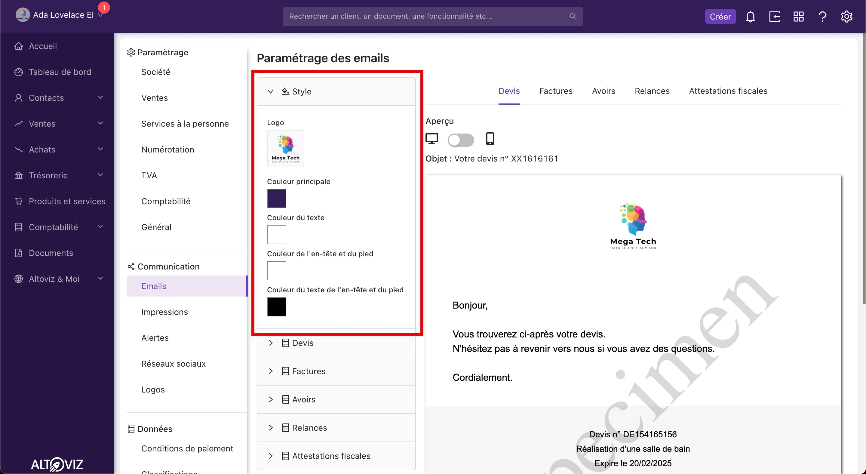 Paramètres, section Impression, volet Style, avec l’aperçu de l’e-mail à droite
