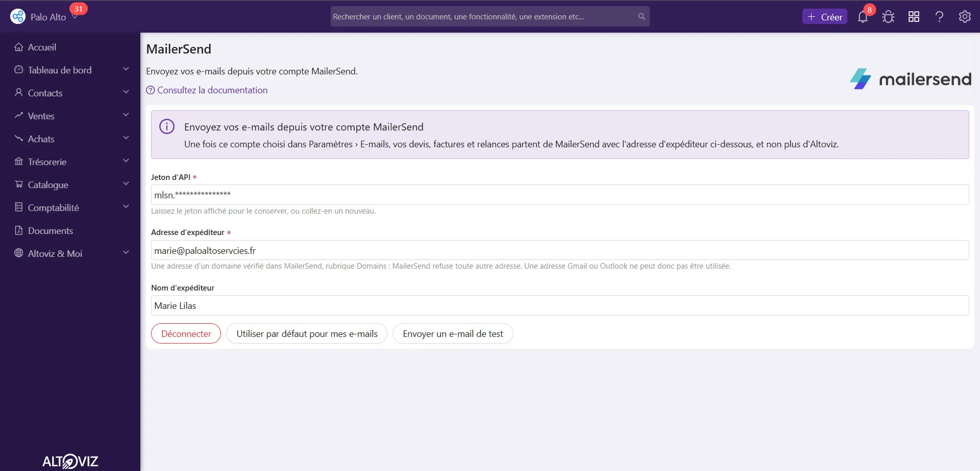 Écran de l’extension MailerSend